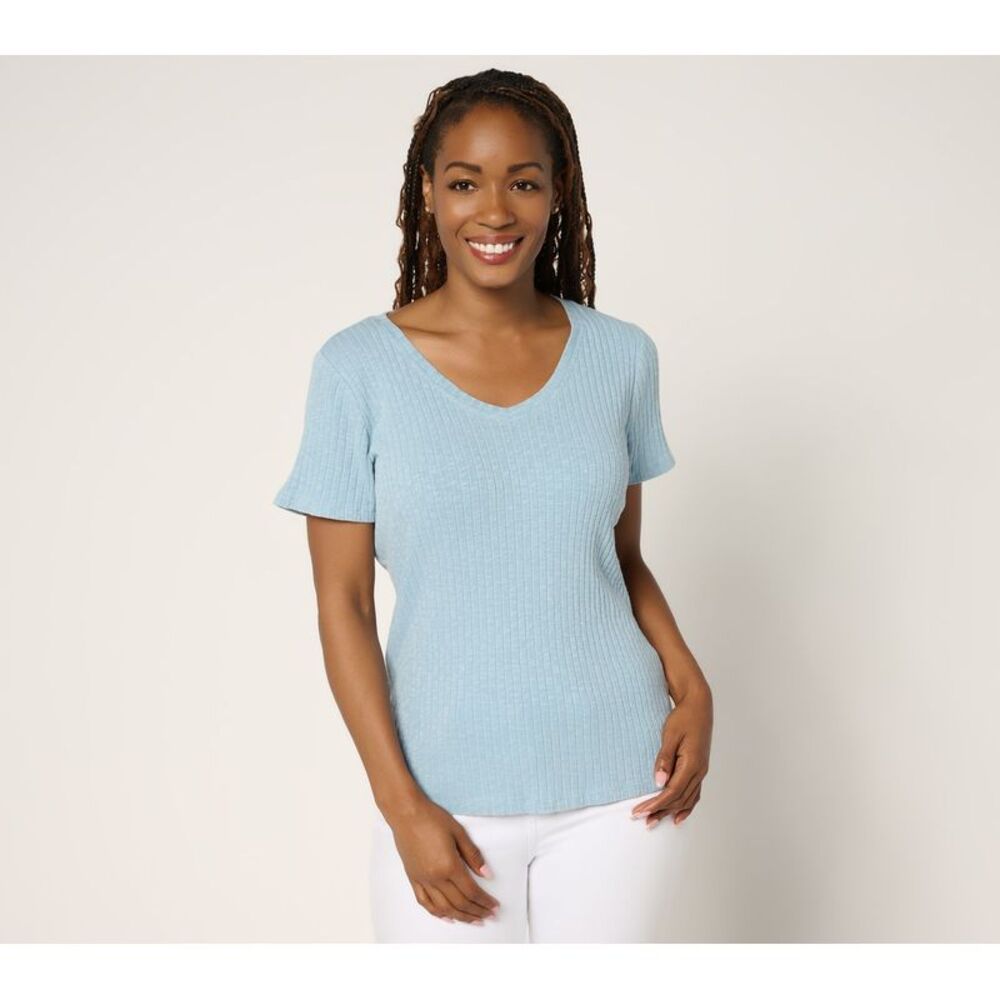 Peace Love World Light Blue Ribbed V-Neck Short Sleeve Top